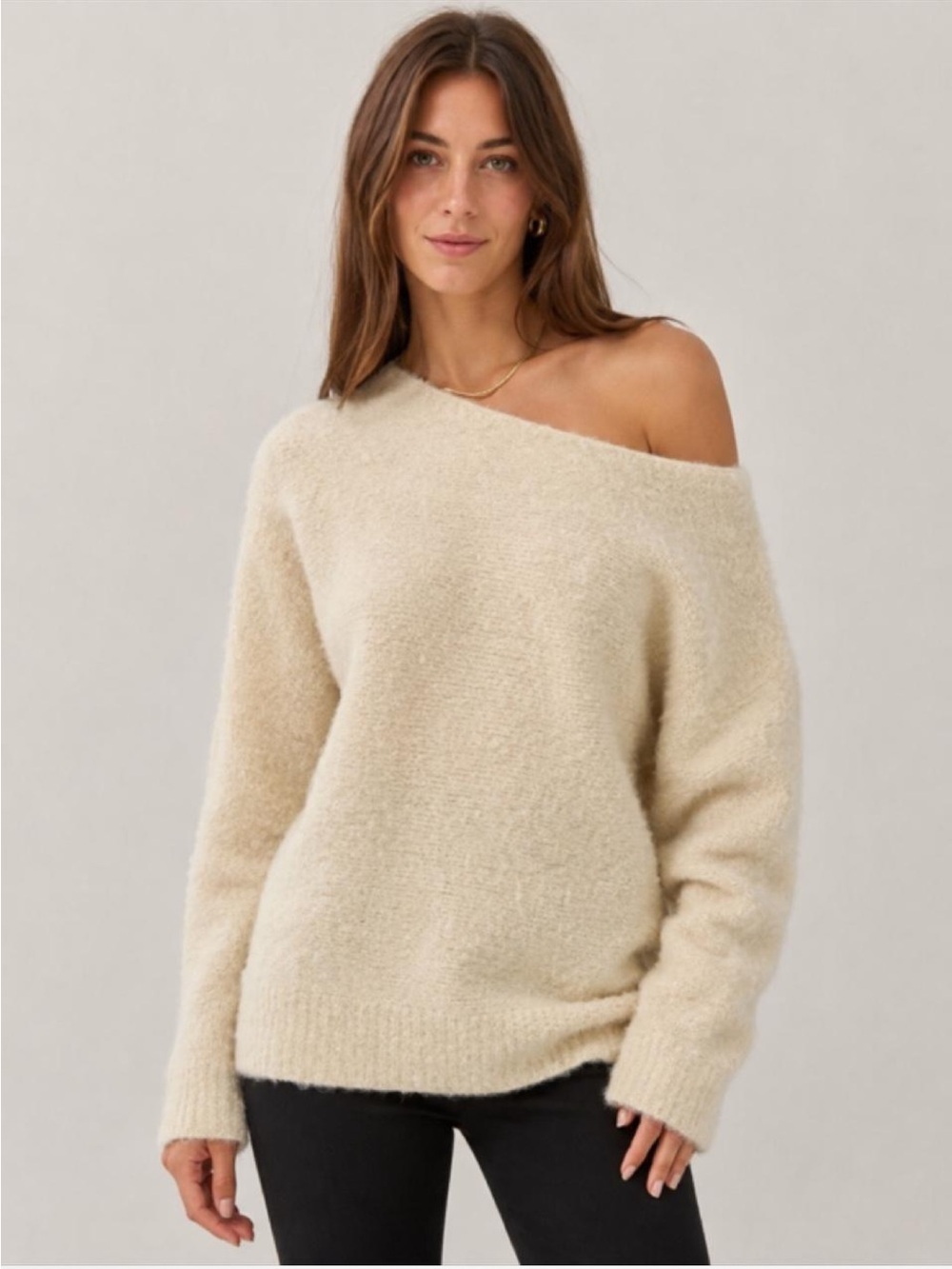 Theory Cream Off-Shoulder Fuzzy Mohair Blend Knit Sweater